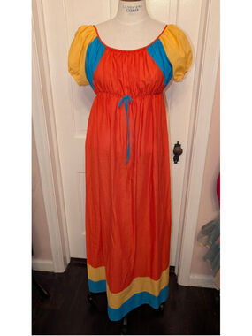 Women's vintage 70's Orange & Yellow color block Maxi Dress M